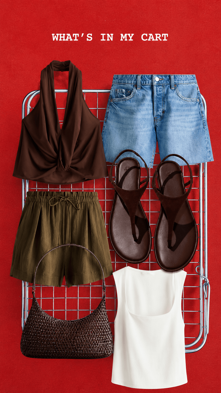 A casual look flat-lay on a red wire cart: a brown halter top, denim shorts, olive shorts, a woven bag, a white tank, and brown sandals.
