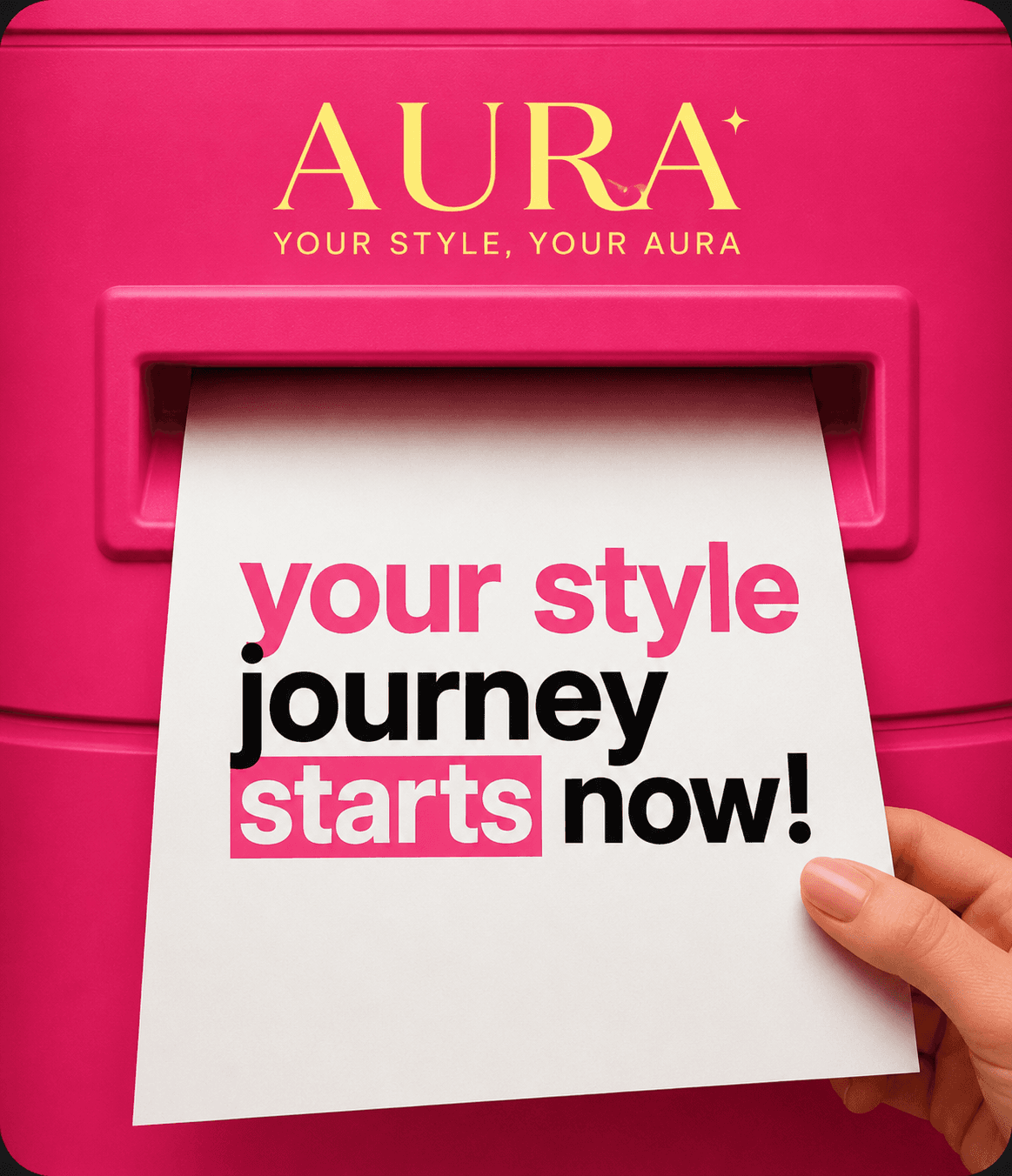 An AURA promo graphic: a pink mailbox dispensing a card that reads “your style journey starts now!”