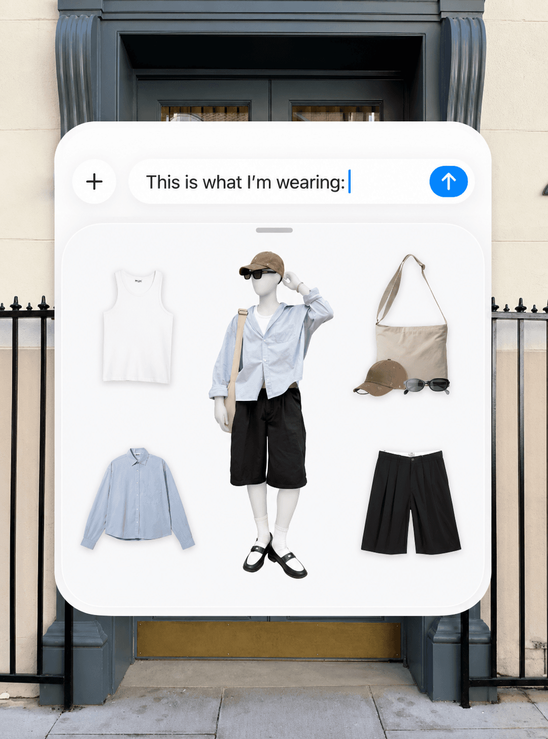 An OOTD flat-lay styled as an iMessage thread — “This is what I'm wearing”: a mannequin in a light-blue shirt and black shorts, with a white tank, cap, crossbody bag, sunglasses, and tailored shorts.