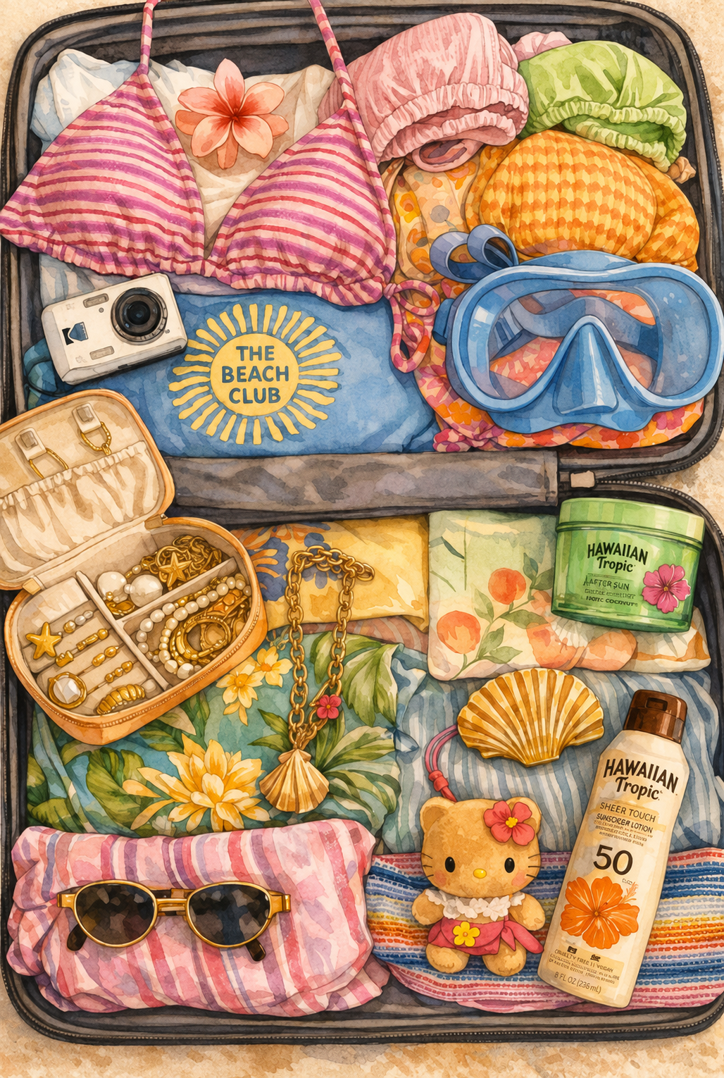 A vacation look: an open suitcase packed with a striped bikini, snorkel mask, sunglasses, sunscreen, jewelry, and beach towels.